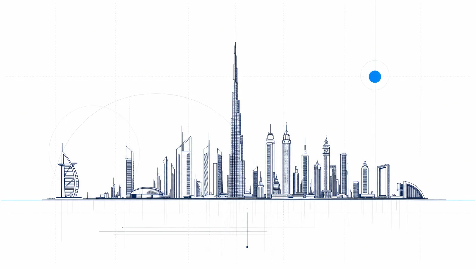 The Dubai skyline reduced to thin architectural linework with a single azure horizon.